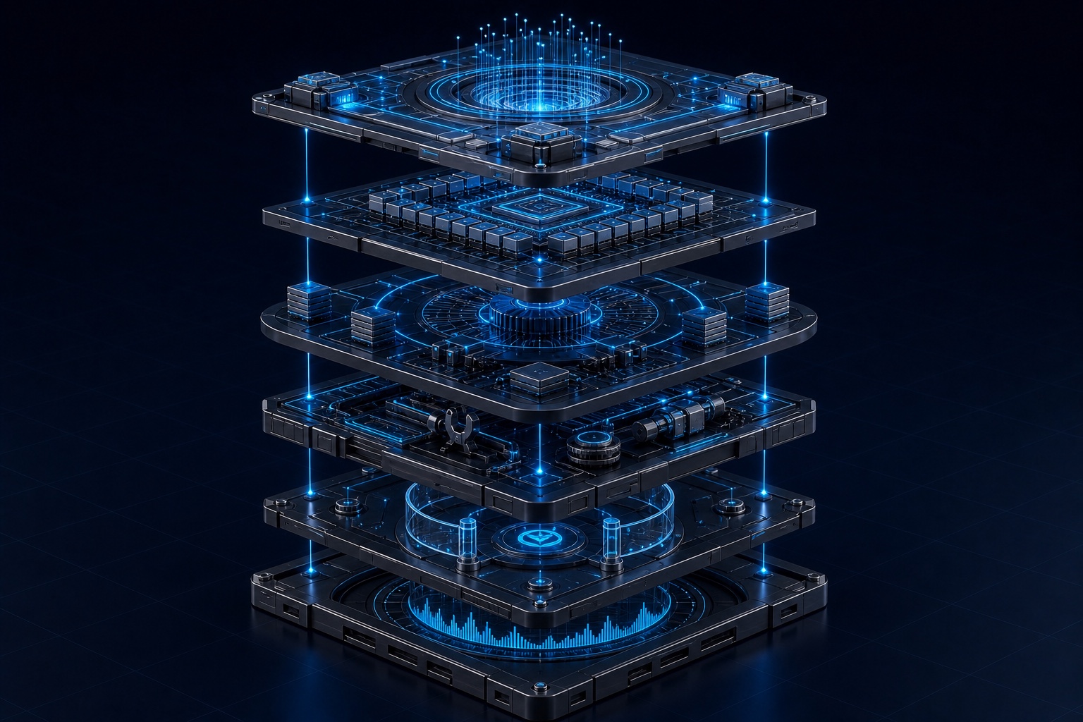 Exploded six-layer agent architecture showing context, reasoning, memory, tools, policy and observability