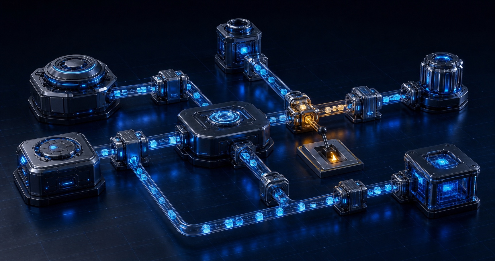 Several specialised agent nodes connected through structured task channels, permission gates and a human approval control