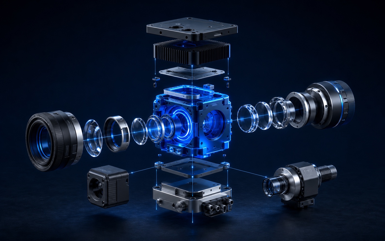 Configurable precision product shown as a disciplined exploded assembly