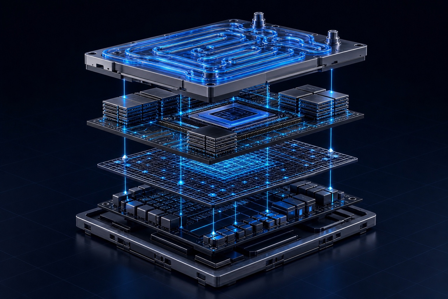 Exploded AI accelerator showing cooling, compute, high-bandwidth memory, fabric and power layers