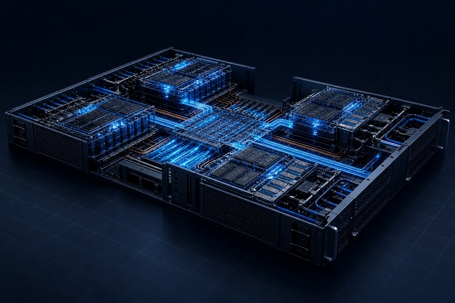 Four accelerator trays connected through a central switching fabric with visible memory and cooling