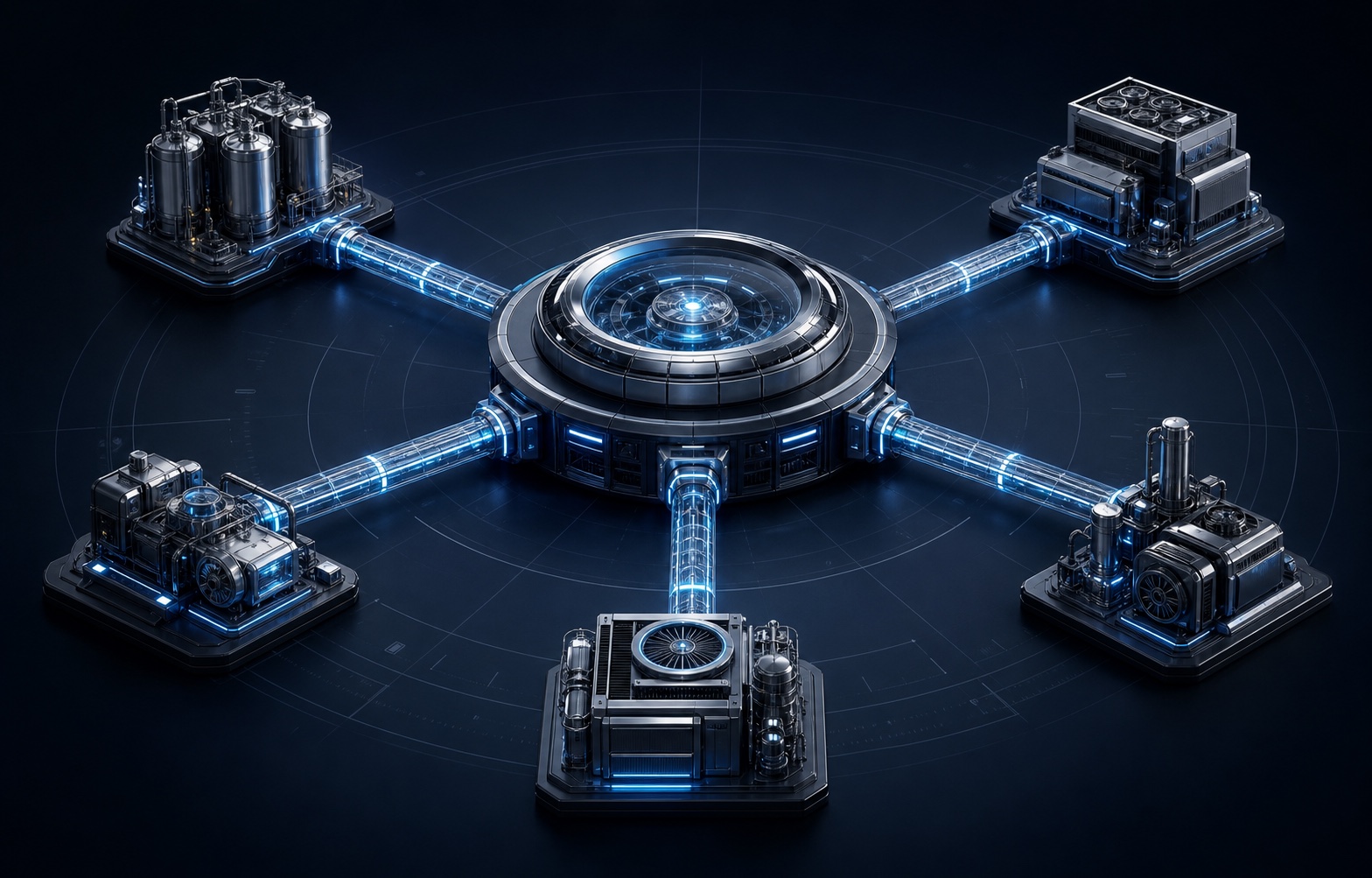 Central operational hub connected to five specialised industrial modules