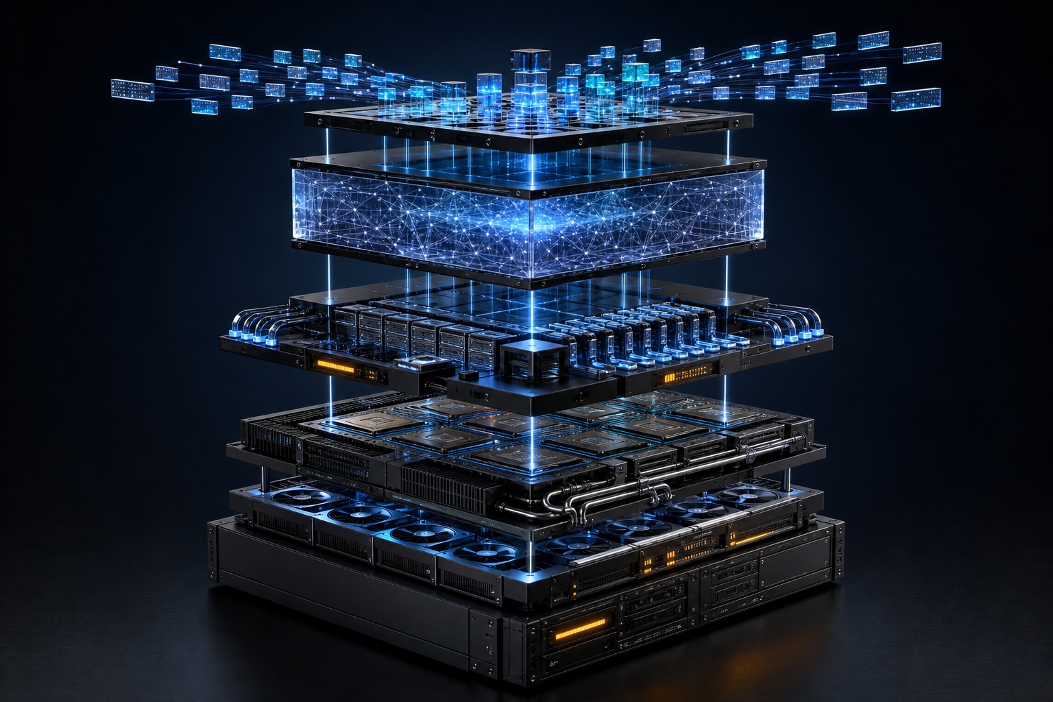 Exploded AI economics stack connecting demand, model, serving, compute, cooling and operations layers