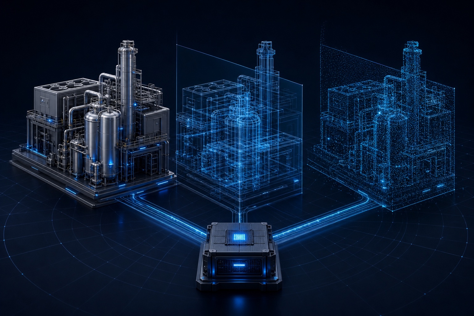 Industrial system shown as a solid model, transparent scene graph and point cloud