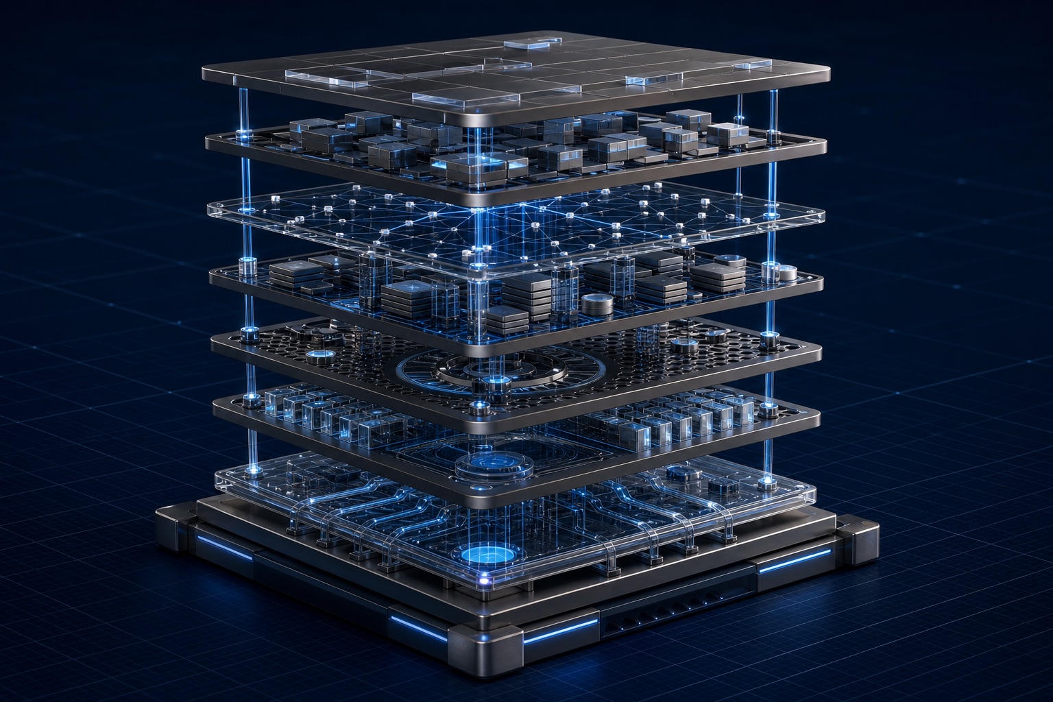 Exploded architecture stack showing connected layers for context, forces, structure, control, evidence and trade-offs