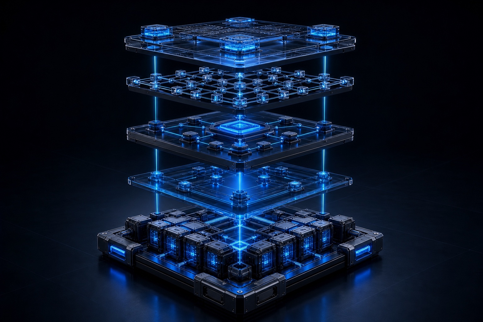 Five separated digital evidence layers connected vertically from source capture to verification policy