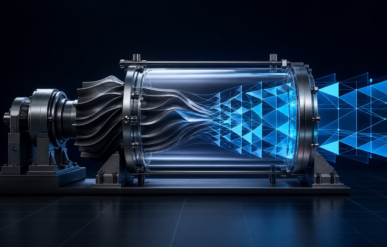 Physical turbine passing through an optical simulation chamber into geometric data