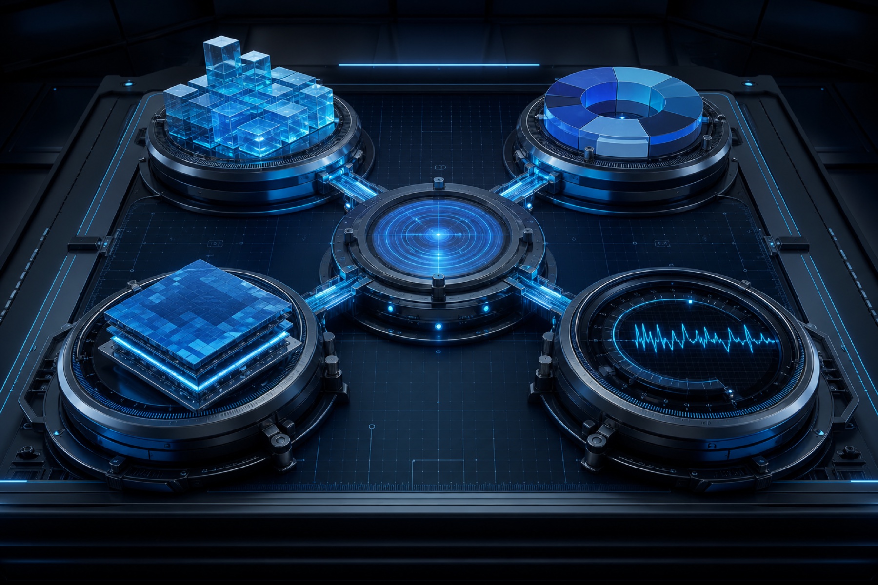 Four precision calculation instruments connected to a central verification core